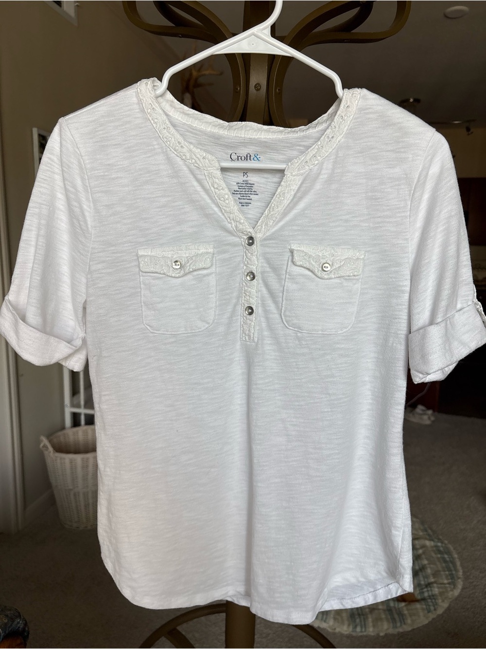 croft & barrow White Short Sleeve Henley with Lace Trim